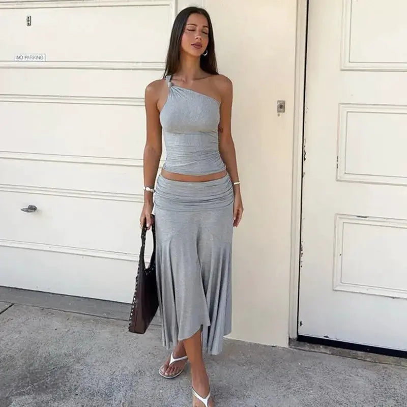 Tossy Pleated Two Piece Off Shoulder Cropped Top And Long Skirt Set