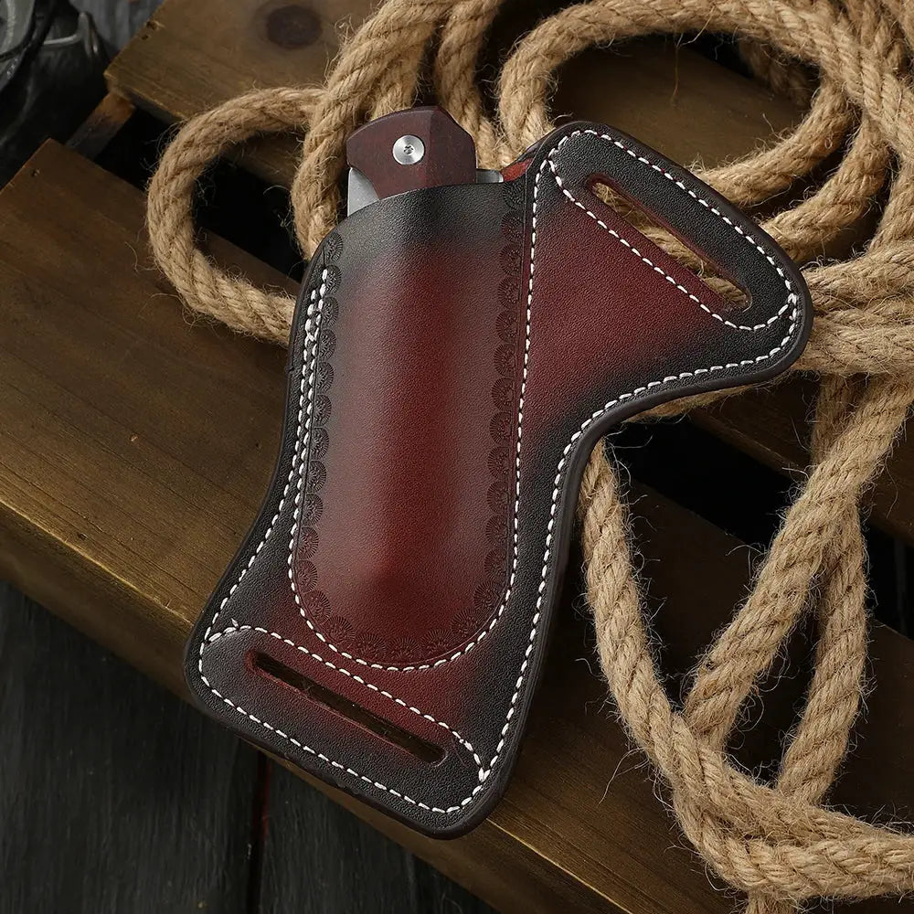 Vintage leather knife holster by Simples Market for folding knives, two-tone brown cowhide with white stitching