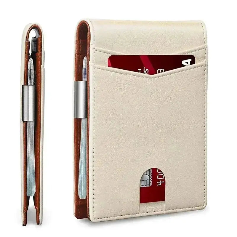 Slim RFID cardholder wallet for men in beige leather by Simples Market with front card slot
