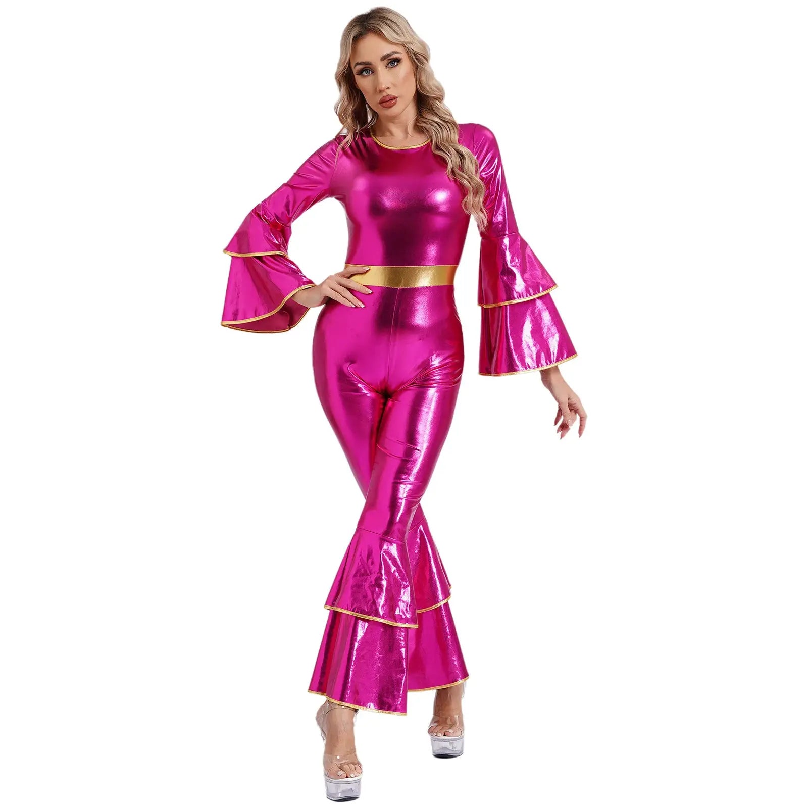 Pink metallic 70s disco jumpsuit with bell-bottom pants, gold waist belt and flared sleeves