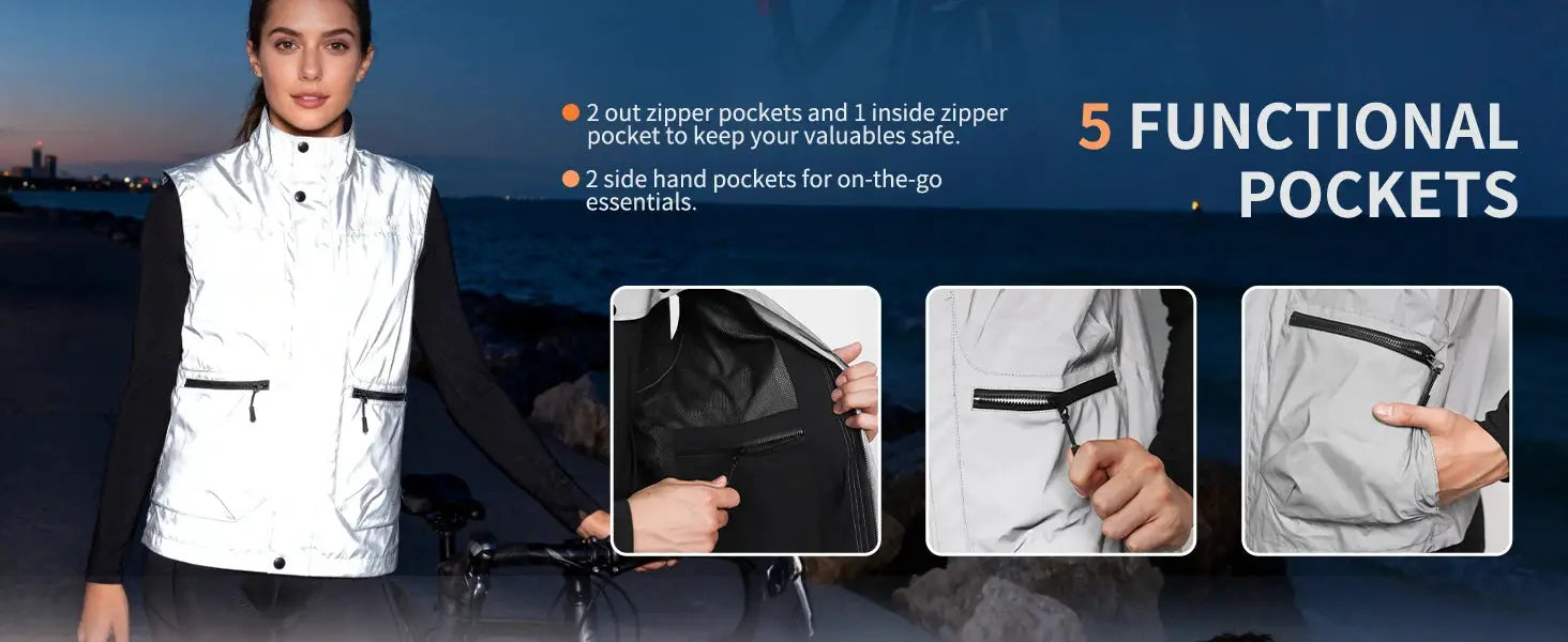 WOSAWE men's fully reflective lightweight windbreaker jacket, white with black Zippers and 5 pockets