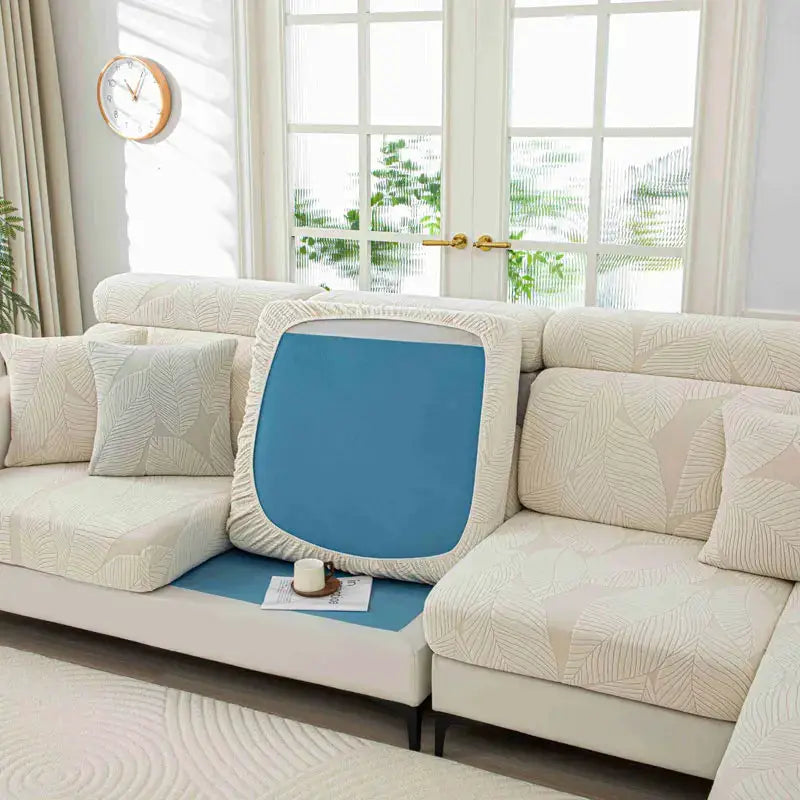 Simples Market thick plush sofa cushion cover on cream sectional with blue center panel and elastic edges