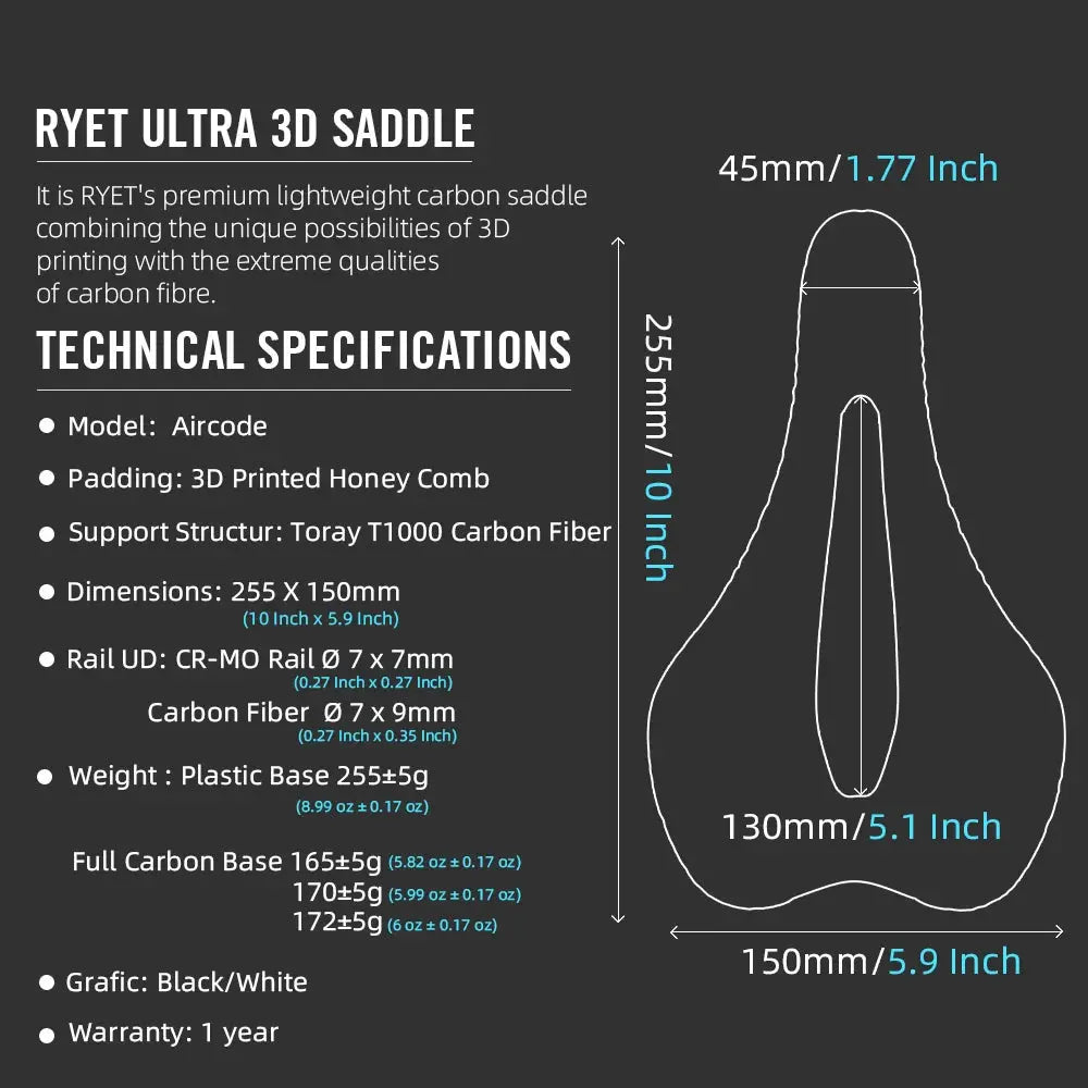 RYET 3D Printed Bike Saddle Ultralight Carbon Fiber Shell With Breathable Honeycomb Structure For MTB Gravel Cycling
