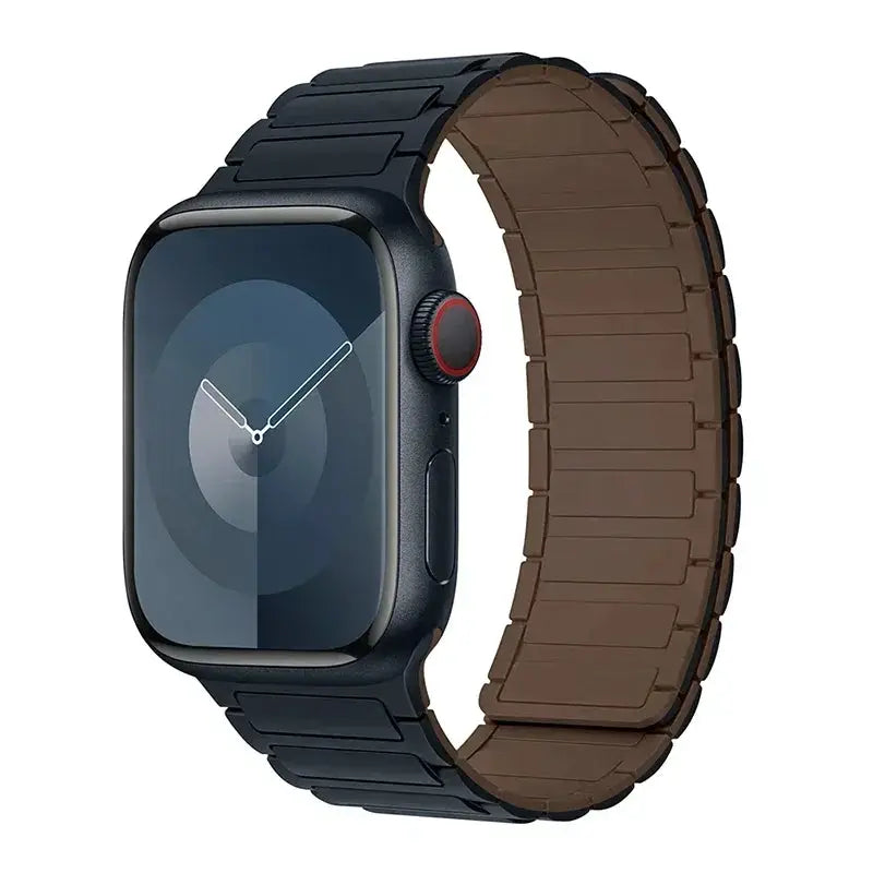 Magnetic loop Apple Watch band; dark metal strap with brown underside, 38–49mm