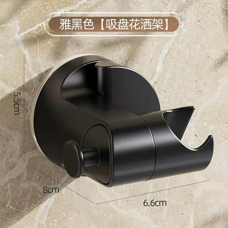 Shower head holder in matte black with suction cup wall-mount, 360° adjustable angle for bathroom use