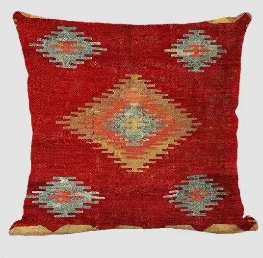 Bohemian linen cushion cover by Simples Market; red with multicolor diamond geometric pattern