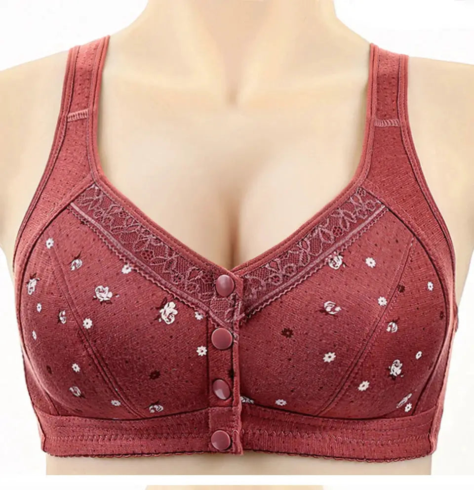 Front-closure lace bra in burgundy with delicate floral print; plus-size, wireless, seamless design.