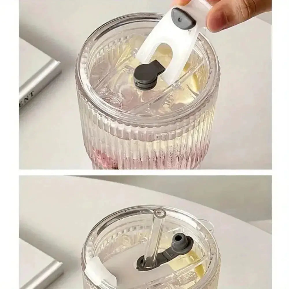 600ml Stripe Glass Cup With Lid And Straw Transparent Drinking Glass