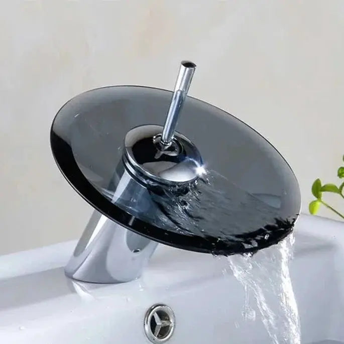 Bathroom faucet with black glass waterfall disc, chrome deck-mounted single-lever mixer tap
