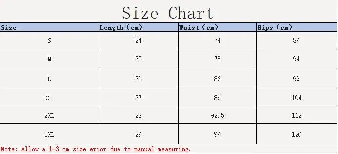 Simples Market men's oversized stretch waffle shorts size chart with length, waist, and hip measurements from S to 3XL in cm.