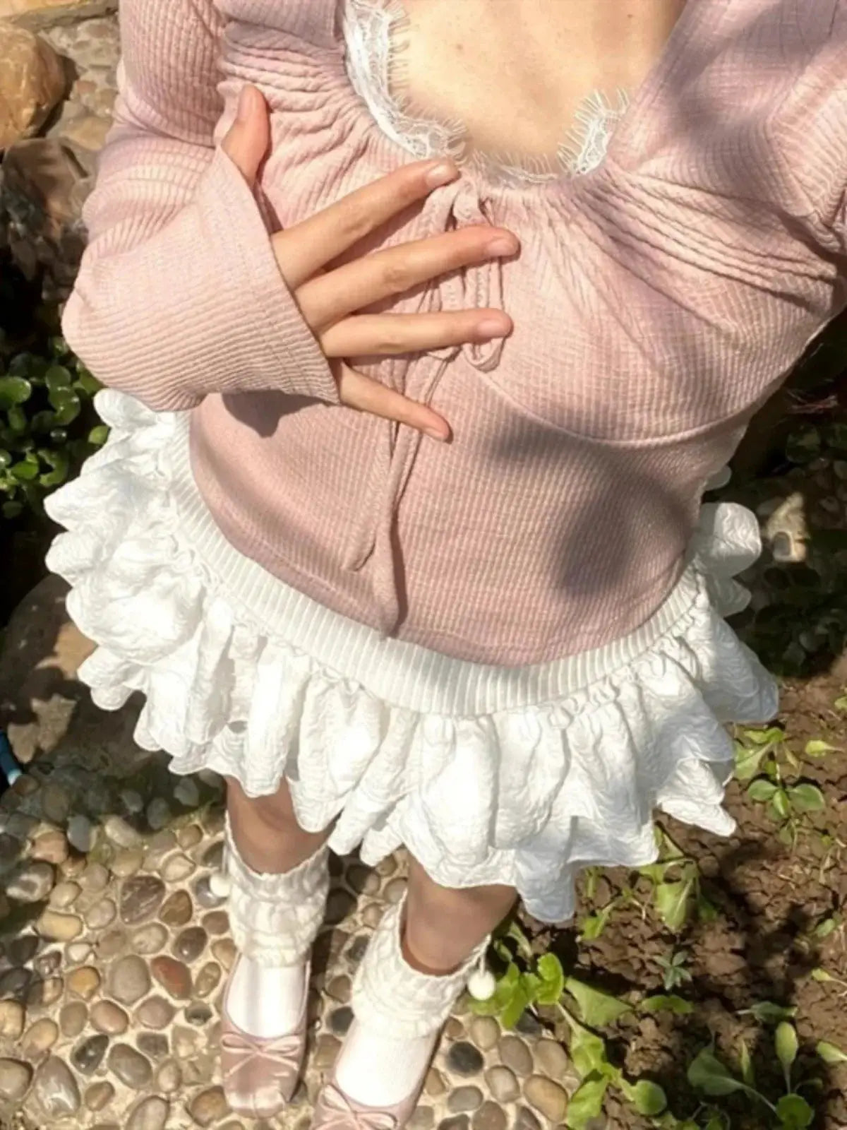 Kawaii Lolita pink knit top with white layered ruffle mini skirt set, elastic waist