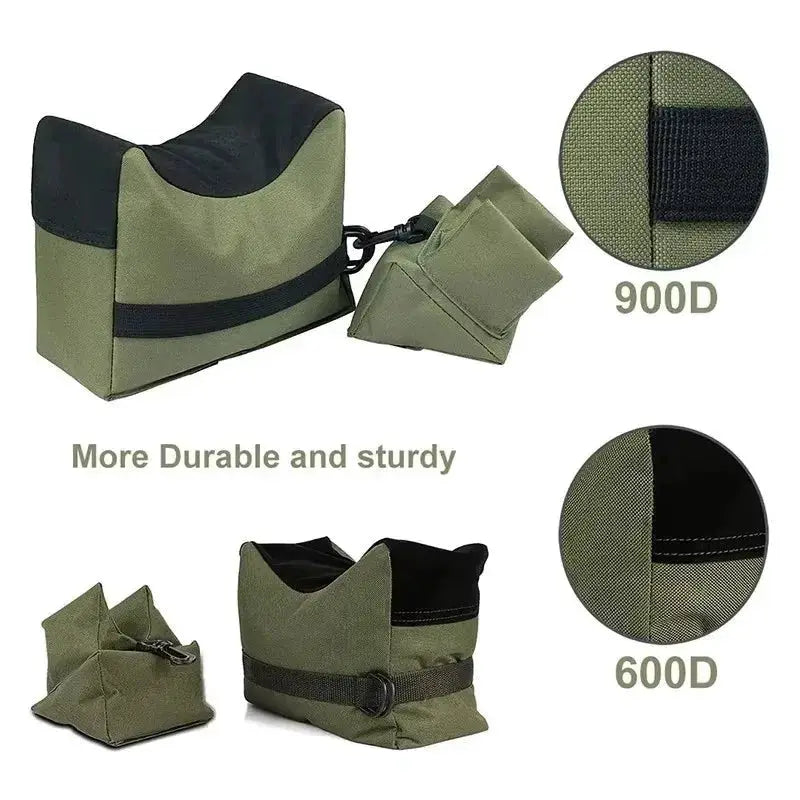 Portable shooting sandbag set showcasing durable 600D and 900D material in green, designed for improved shooting accuracy.