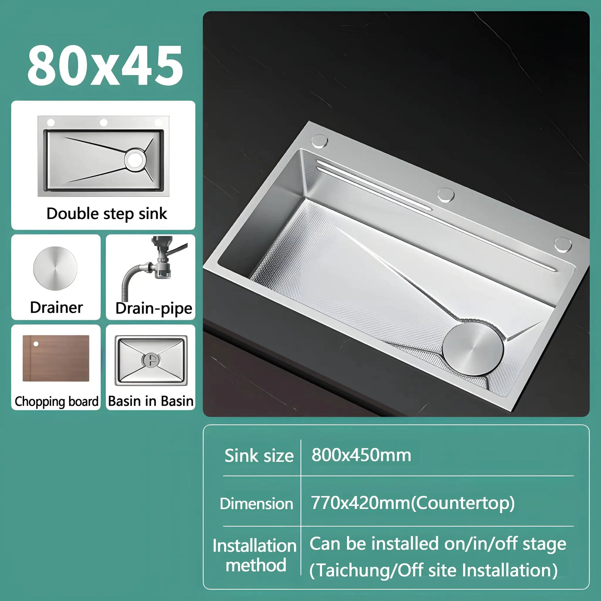 Kitchen sink 304 stainless steel with embossed finish, large single-slot wash basin