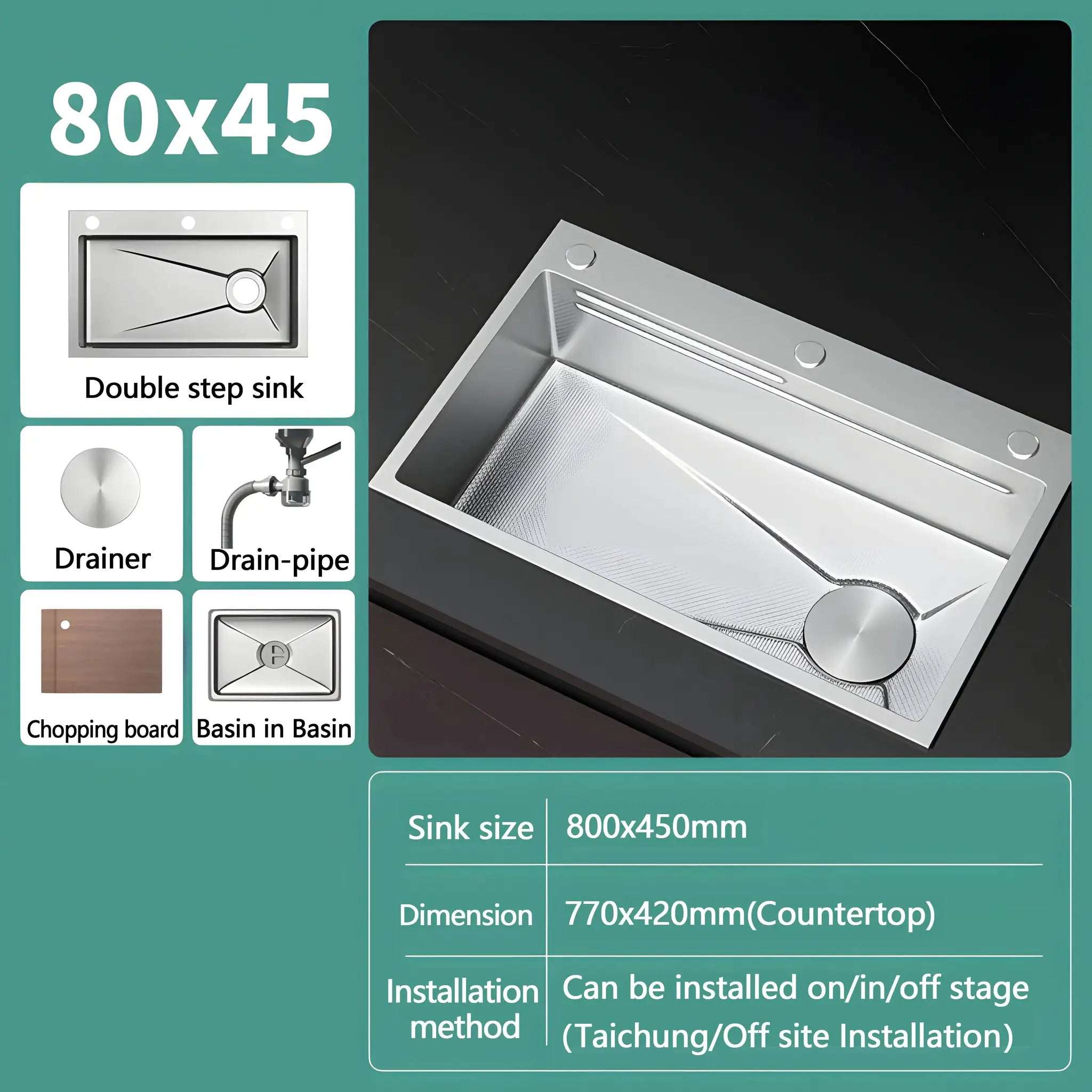 Kitchen sink 304 stainless steel with embossed finish, large single-slot wash basin