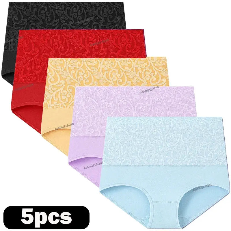 Plus-size women's high-waist cotton briefs set, 5 pieces in black, red, yellow, lavender, and light blue