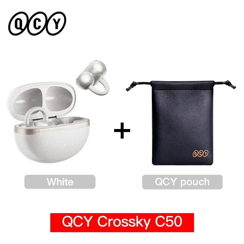 QCY Crossky C50 open-ear wireless earbuds in white with charging case and 1 black QCY pouch
