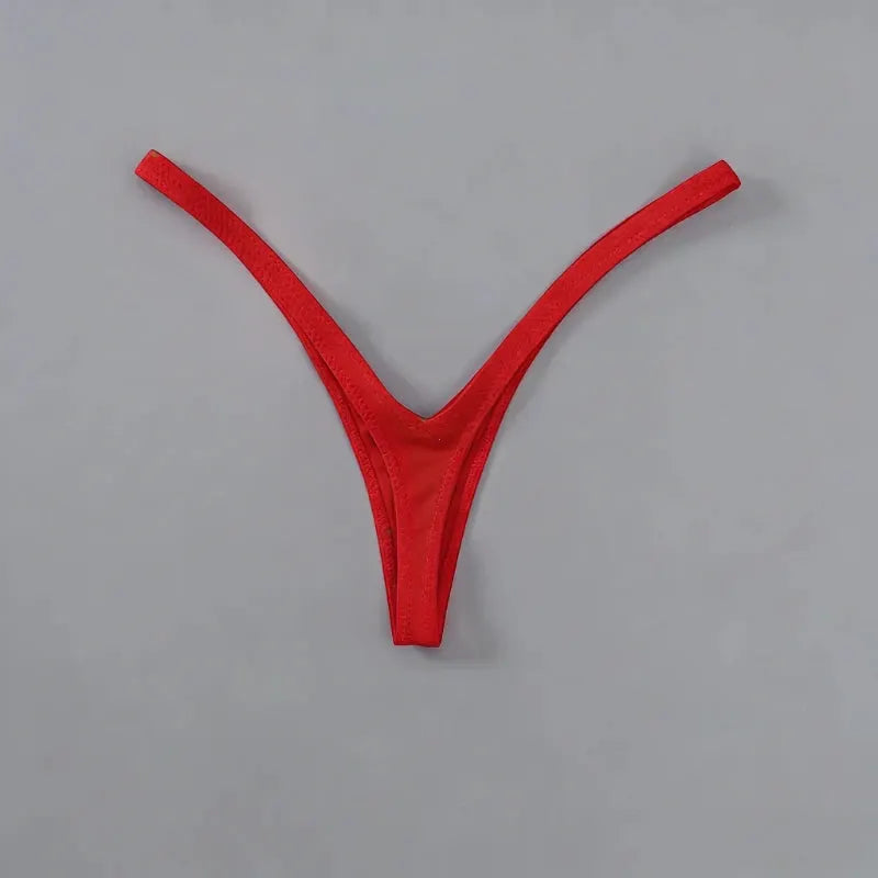 Women’s red thong underwear with thin straps and deep V, low-rise Brazilian style
