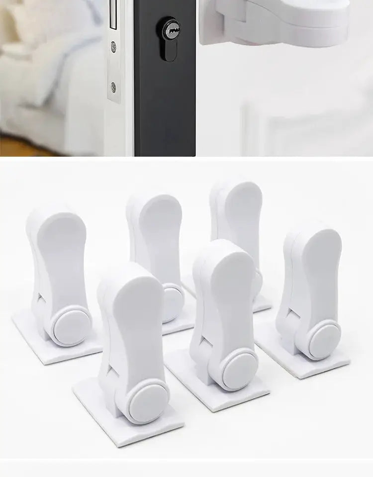 Universal door lever lock child safety latch, white plastic, adhesive, multi-functional, Simples Market, set of 6