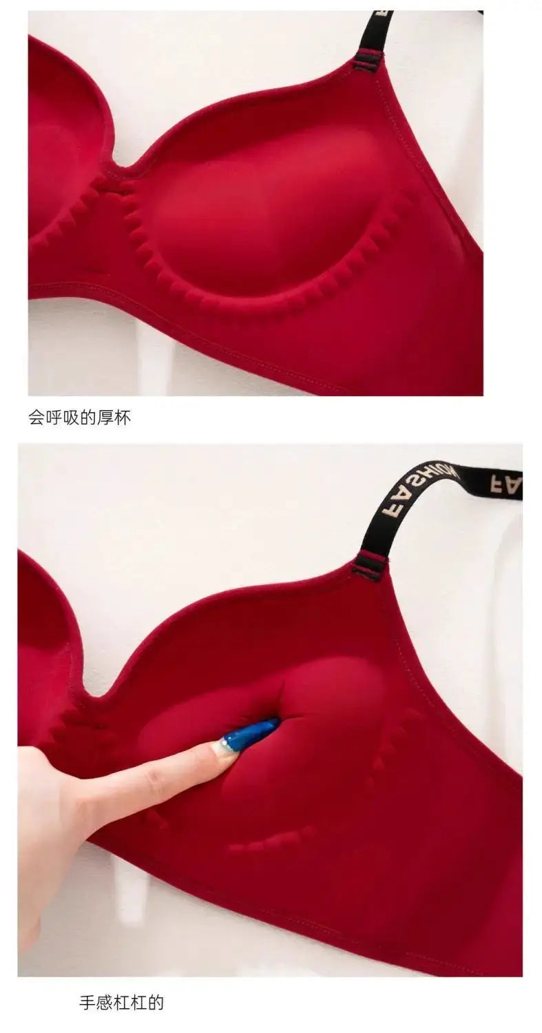 Simples Market red wireless push-up bra for small A/B cups; seamless thickened cups