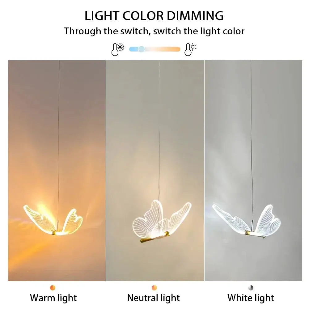 LED Modern Butterfly Pendant Light for indoor ceilings; shown in warm, neutral, and white light options.