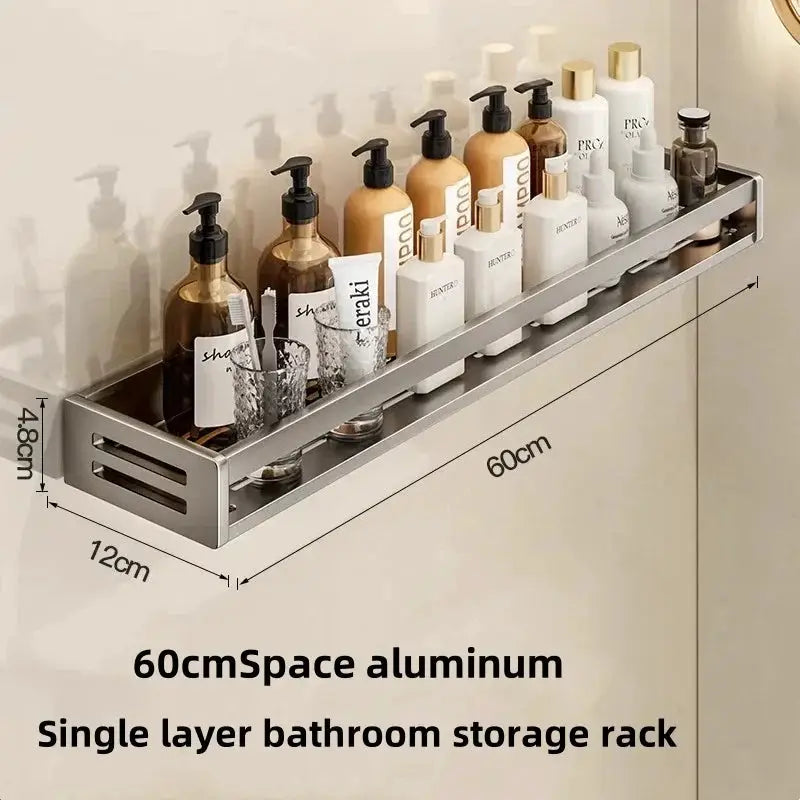 Simples Market no-drill aluminum bathroom shelf rack, 60cm long single-layer organizer with towel holder
