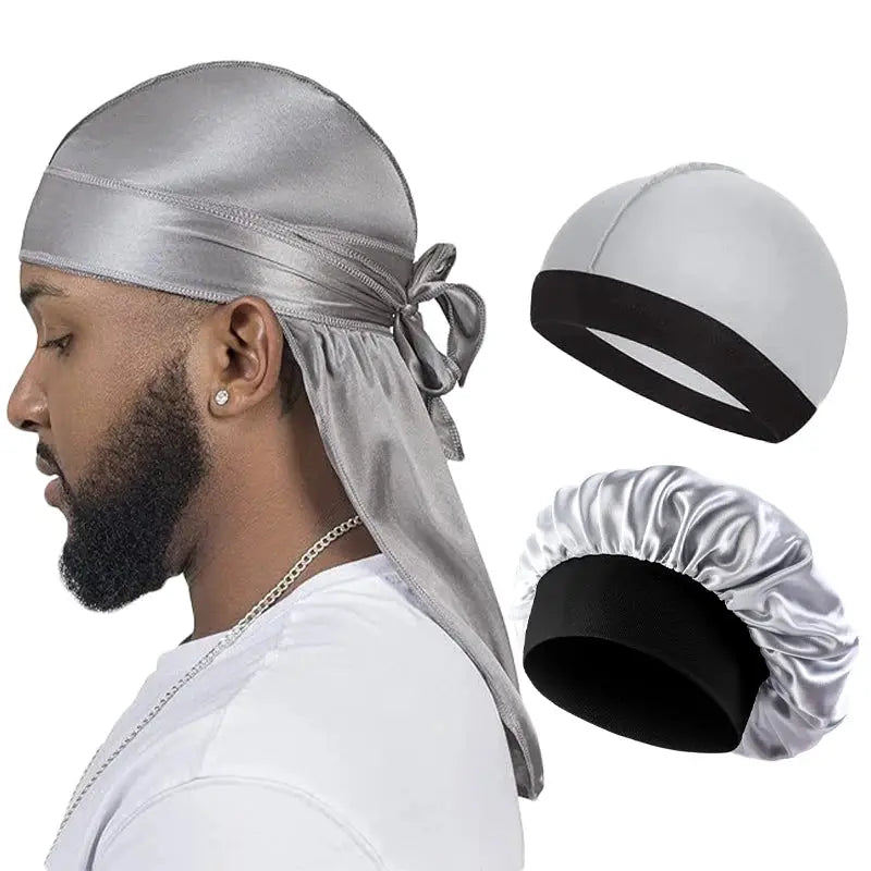 3 Pack Mens Silky Satin Durag Long Tail Pirate Hat Wave Cap Unisex Wig Cap Turban Bonnet Set