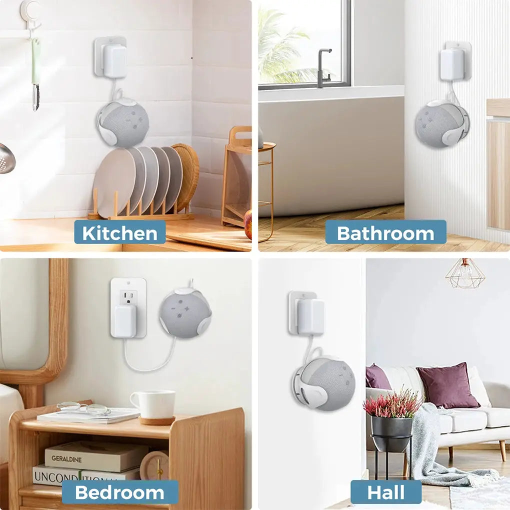 White wall-mount bracket for Echo Dot speakers with cord management