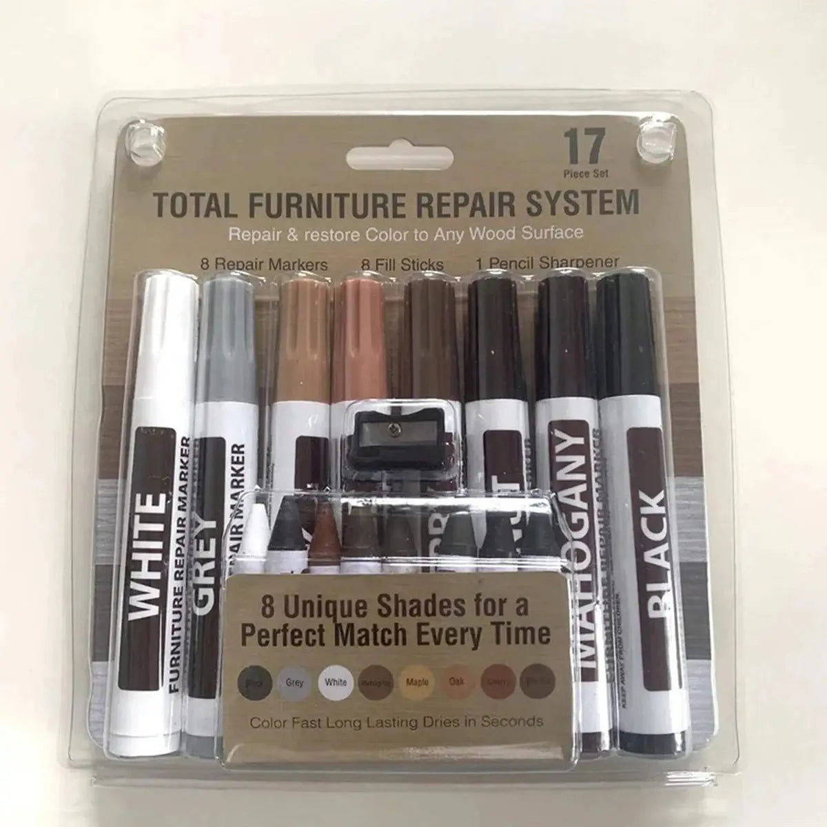 Simples Market furniture repair system, 17-piece kit for wood surfaces with colored markers, fill sticks and sharpener.