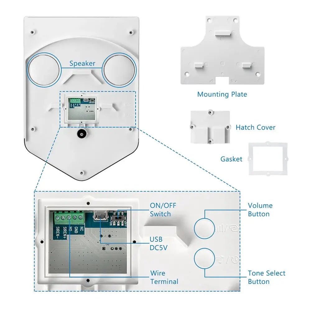 KERUI solar siren panel for outdoor alarm system; white housing with mounting plate and internal control module