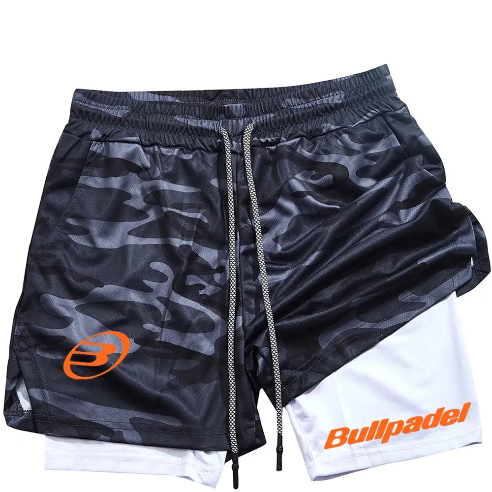Berserk men's 2-in-1 camouflage sports shorts with drawstring, quick-dry fabric and orange Bullpadel logo