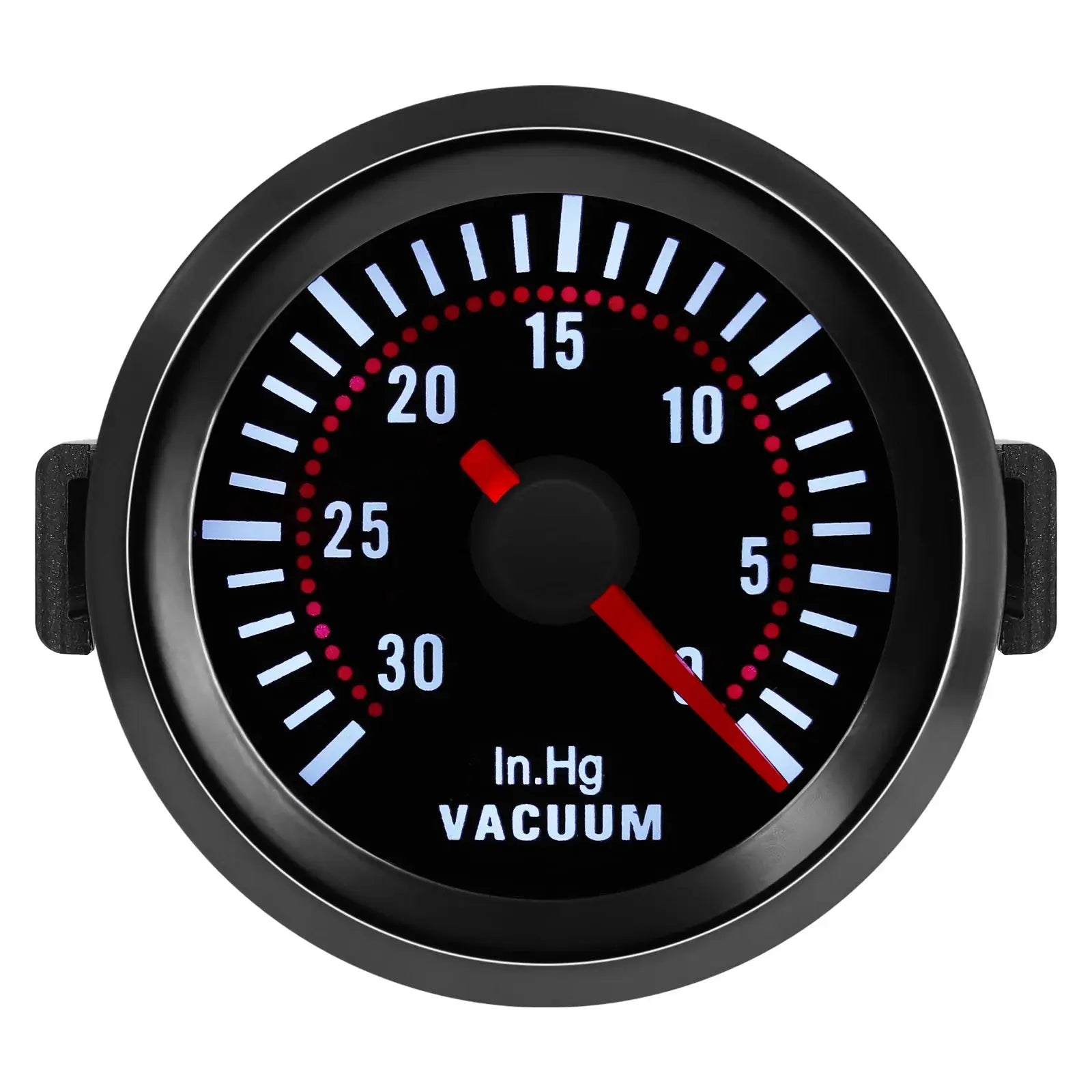 2-inch tachometer gauge with black bezel, white numerals and red needle