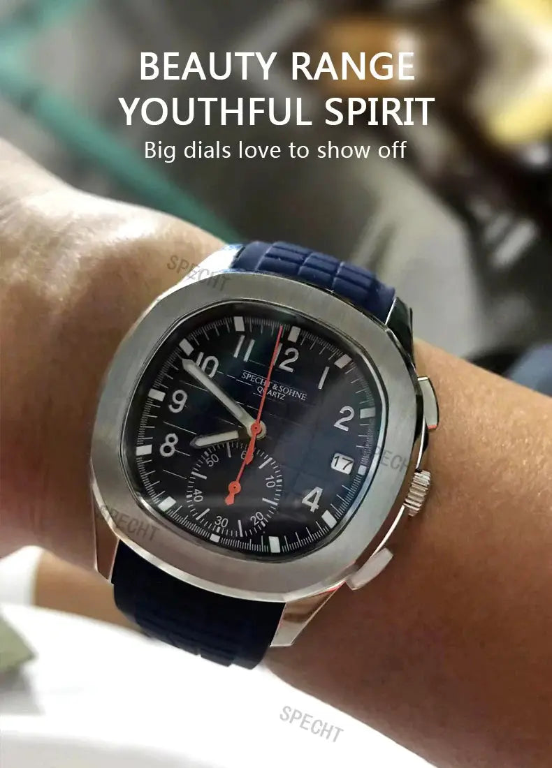 Specht & Söhne New Classic 5167 men's watch on blue rubber strap, stainless steel case, black dial with orange second hand