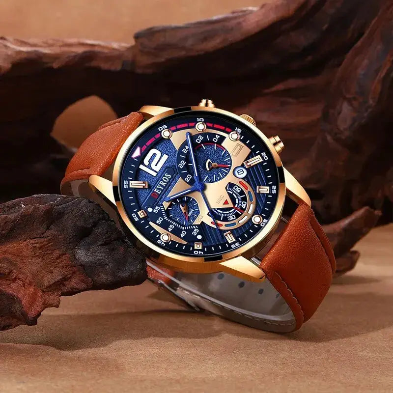 Two Piece Set Fashion Mens Calendar Watches Luxury Business Casual Brown Leather Strap Quartz Wristwatch