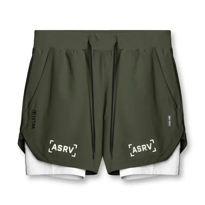 ASRV 2-in-1 double-deck gym shorts in olive green with white inner layer, drawstrings, and ASRV logos.
