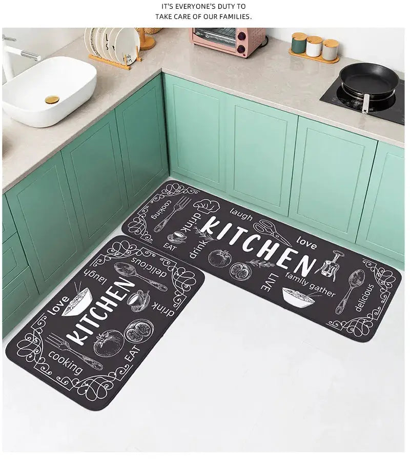 VIKAMA kitchen mats by Simples Market, set of 2 black non-slip absorbent floor mats with white kitchen graphics