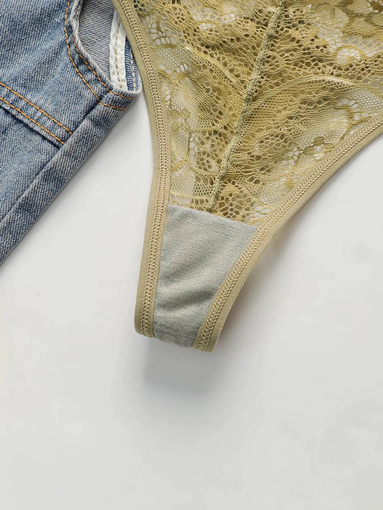 3-pack lace thong underwear with beige lace and gray lining