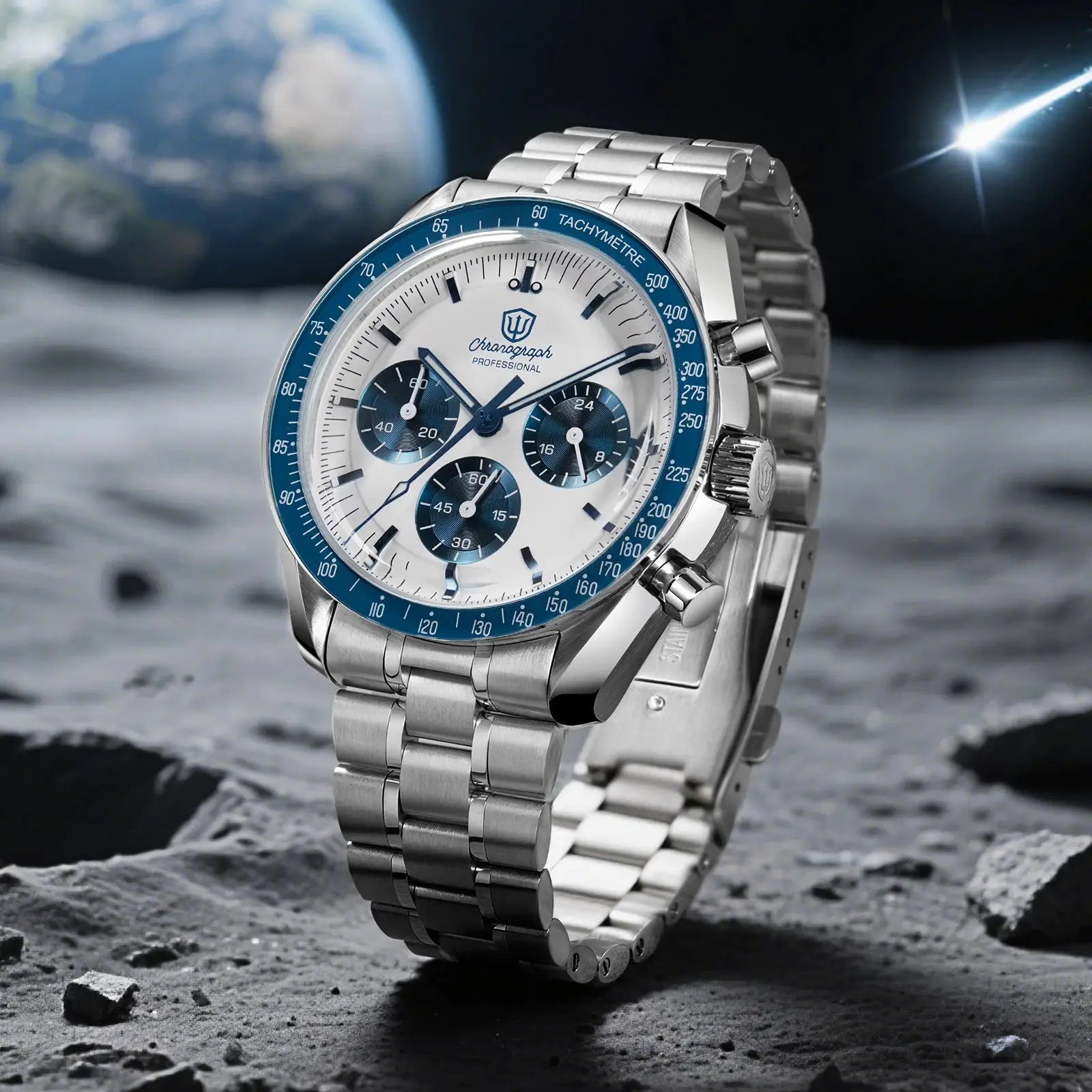 Watchdives WD1863 stainless steel chronograph watch with blue bezel and white dial