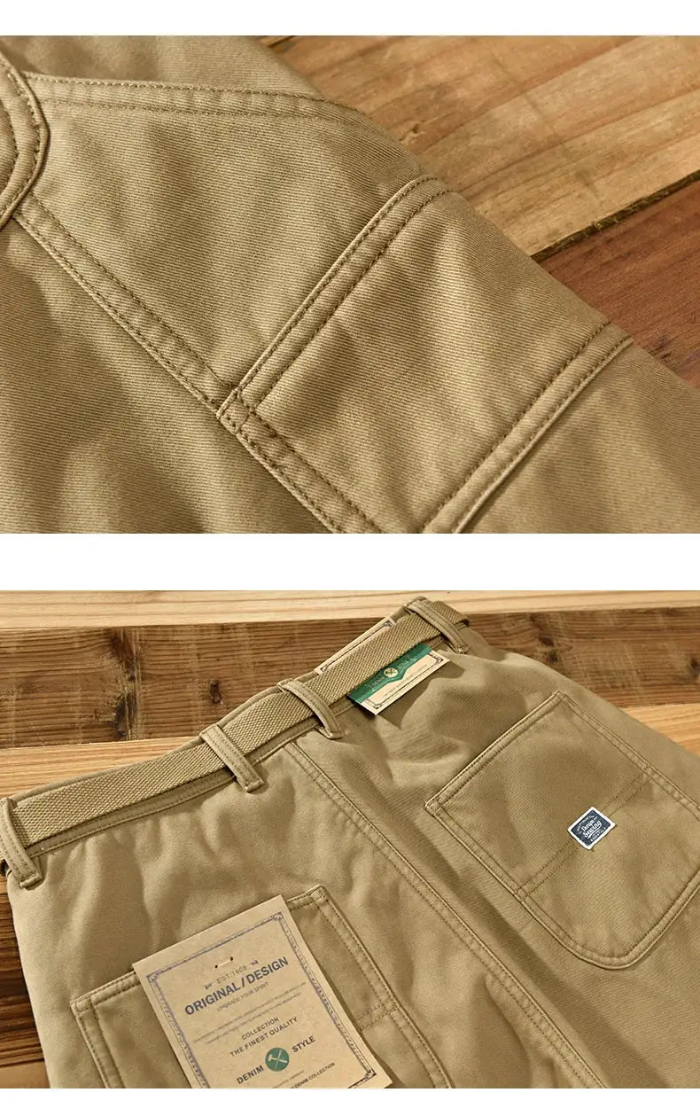 Simples Market HIQOR men's khaki cargo pants, fleece-lined 100% cotton, belt and multiple pockets