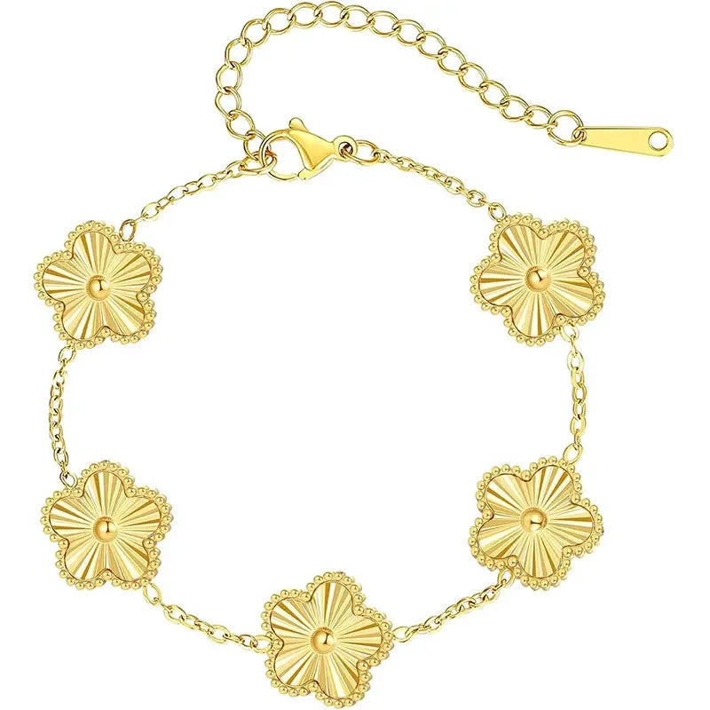 Adjustable Stainless Steel Bracelet Double Sided Five Leaf Clover Petals Gold Plated Women Fashion Jewelry