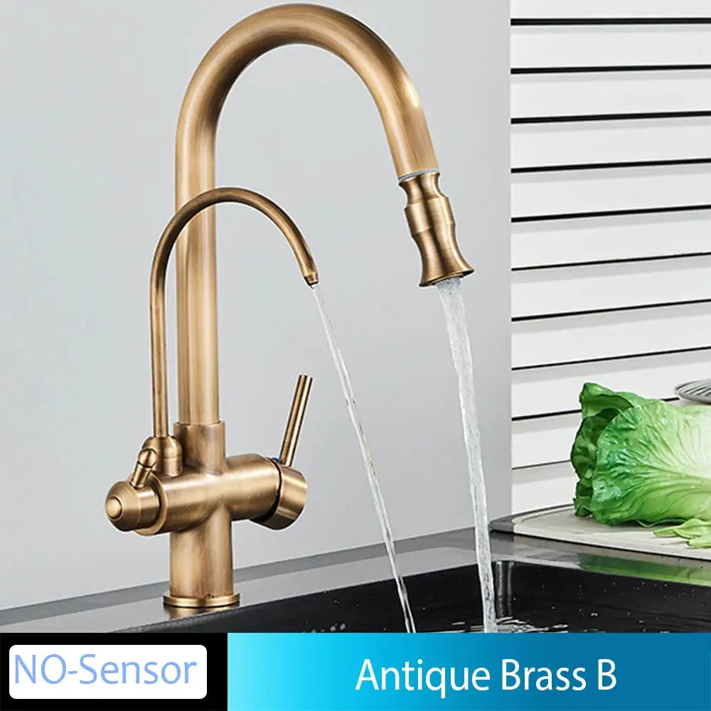 Kitchen faucet antique brass with pull-out spray and dual handles