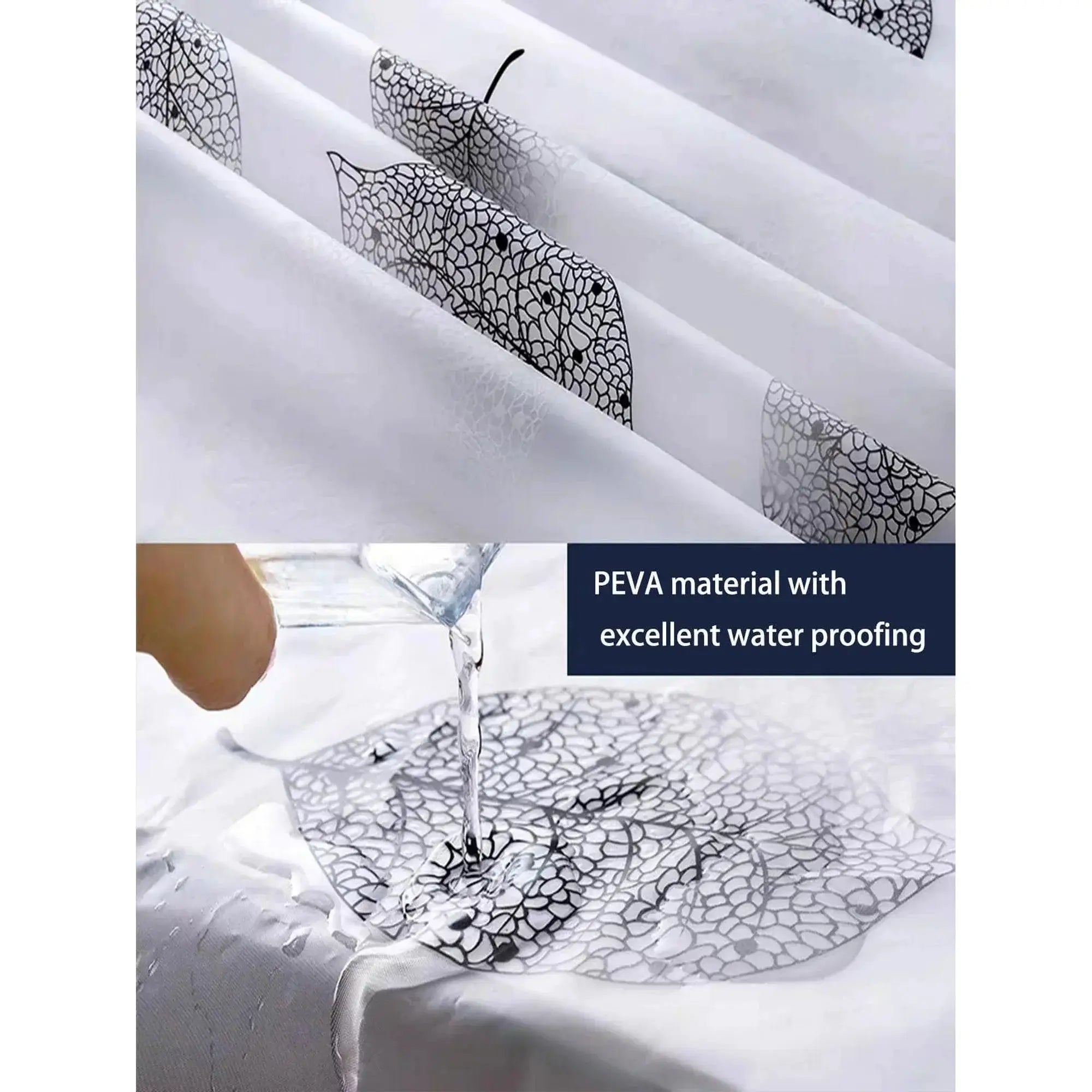 Leaf-pattern plastic shower curtain; transparent, lightweight bathroom decor.