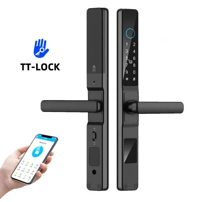 TT-Lock waterproof sliding door smart lock set by Simples Market, black aluminum with keypad and fingerprint app control