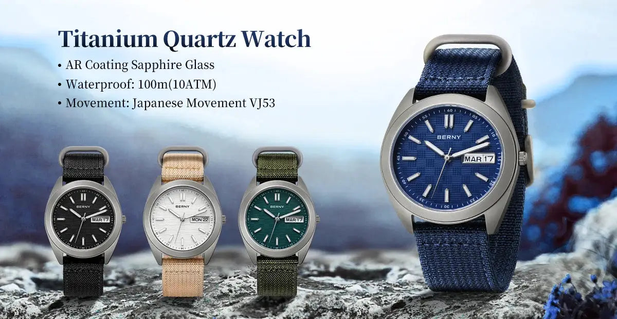 BERNY titanium quartz watches for men; five color options shown, blue-dial model prominent