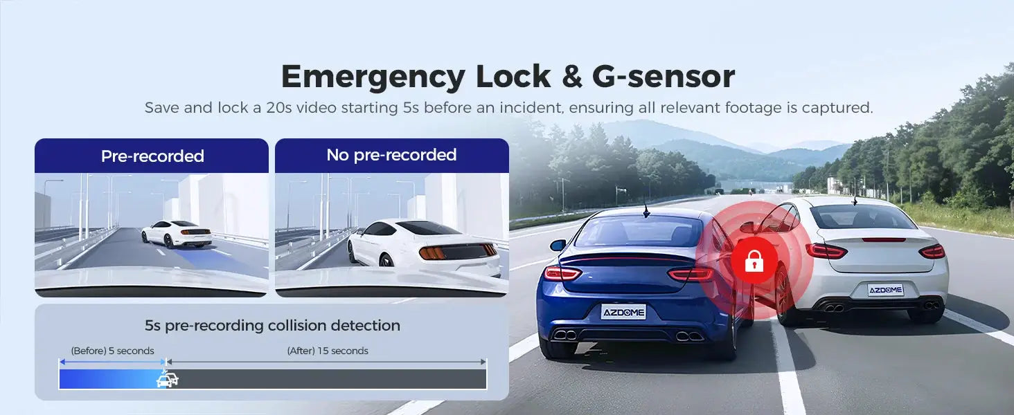 AZDOME M550 Pro dash cam feature banner with emergency lock and G-sensor, two cars on highway.