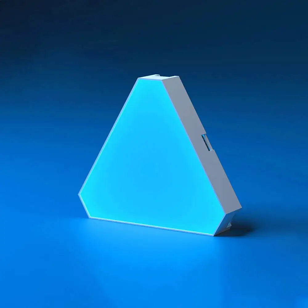 LED triangular lamp with blue RGB glow, a modern geometric bedside light for bedroom or office