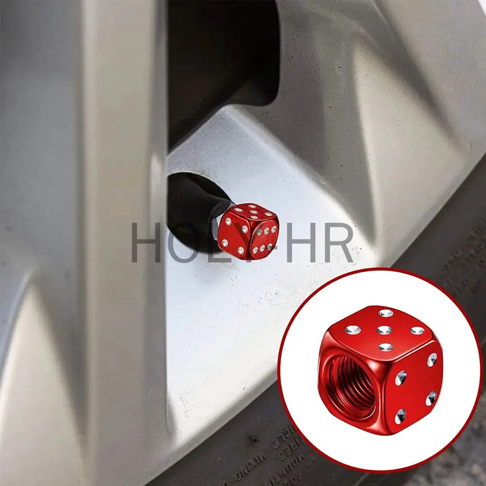 Aluminum dice tire valve caps by Simples Market, red dice design with silver pips for cars, trucks, bikes.