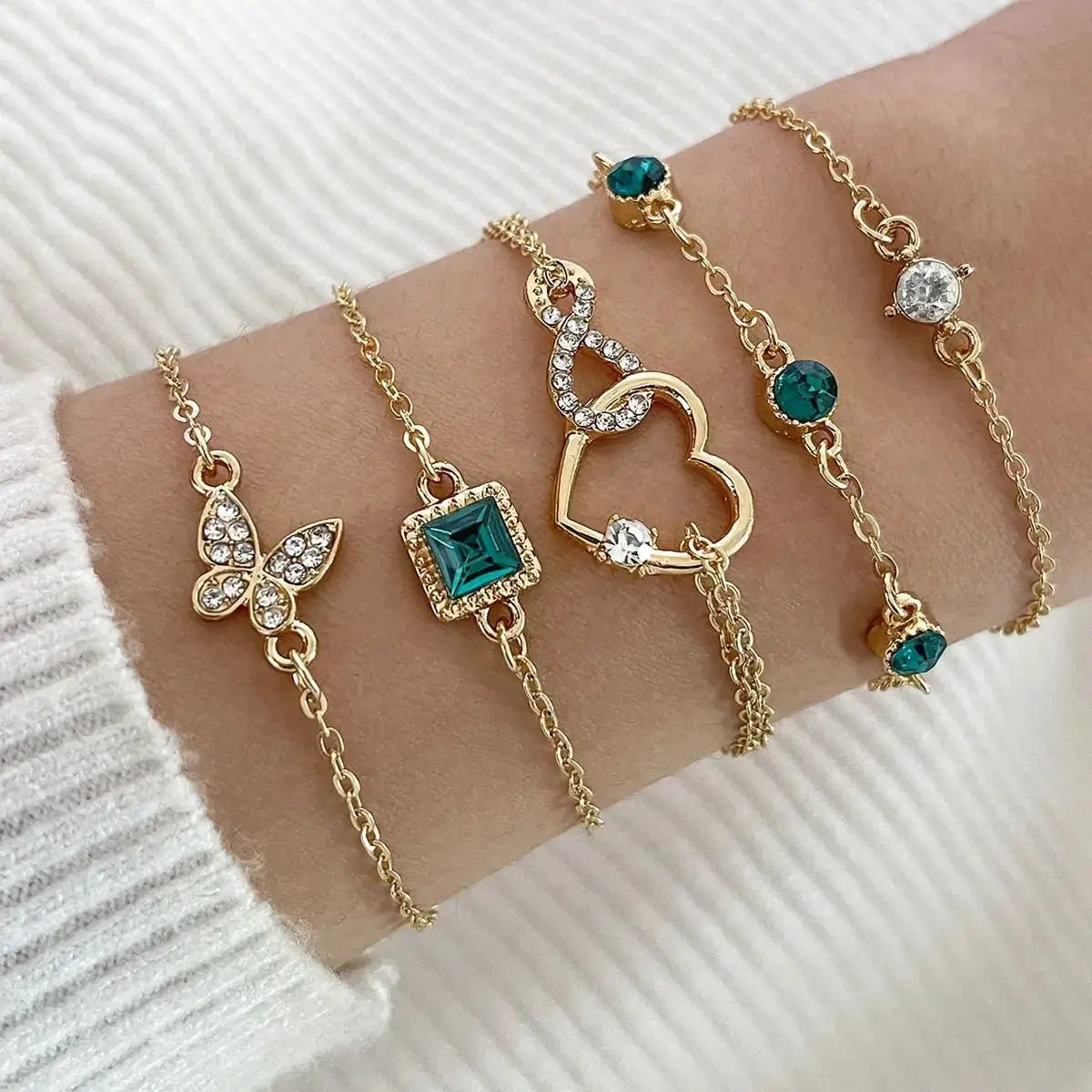 5Pcs Green Crystal Bracelet Set for Women Butterfly Heart Charm Gold Silver Color Chain Bangle Jewelry Trendy - Simples Market