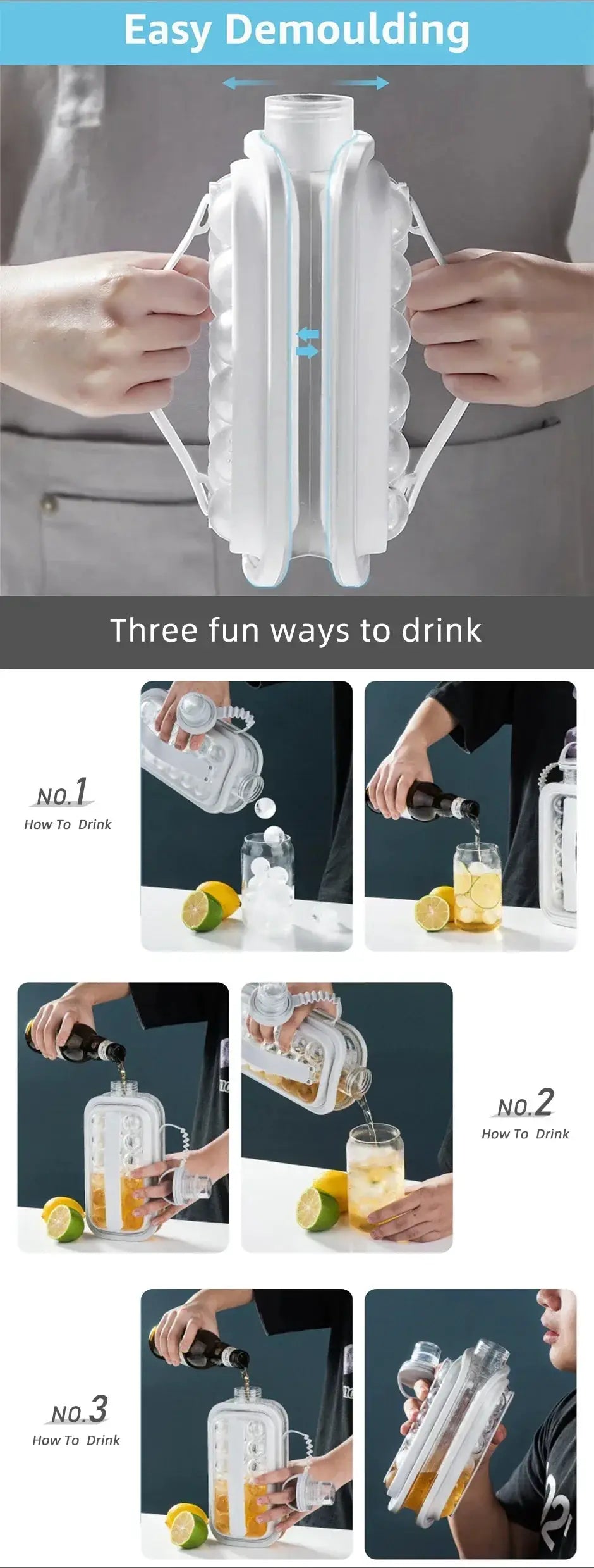 Portable folding ice maker bottle, white collapsible ice cube mold gadget with handles