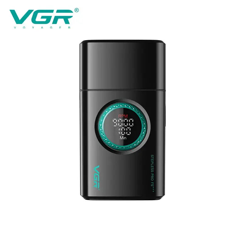 VGR men's shaver with alloy body, circular LED display, black with teal ring