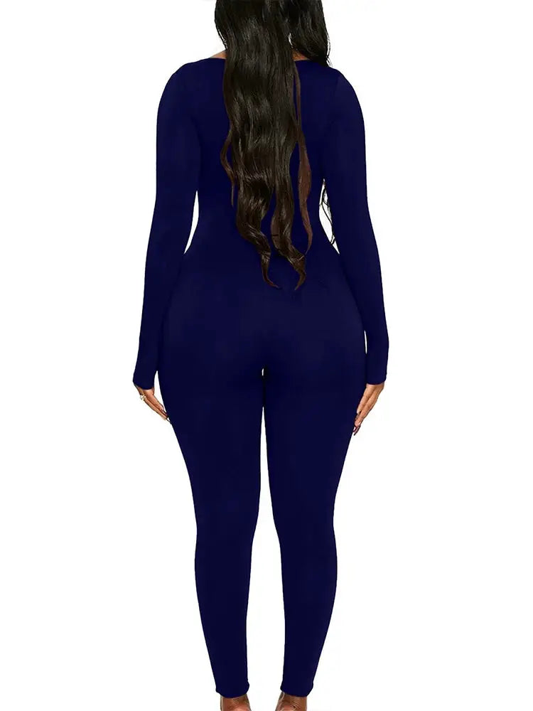 Simples Market navy blue women's long-sleeve skinny jumpsuit, casual sporty wear.